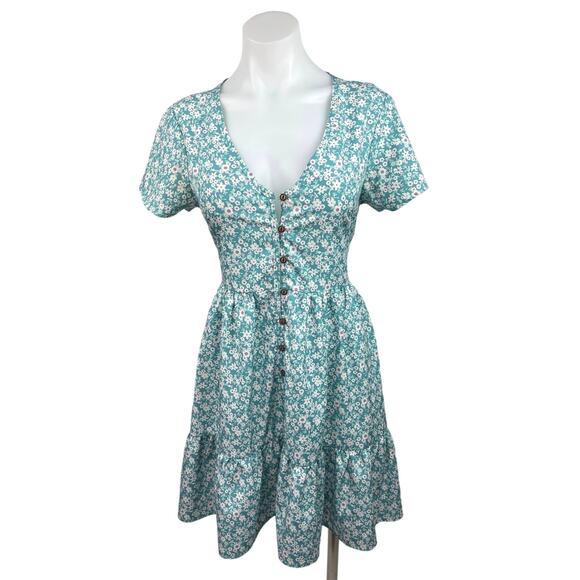 Women's Blue White V Neck Short Sleeve Button Down A Line Mini Dress Size S - Picture 1 of 4
